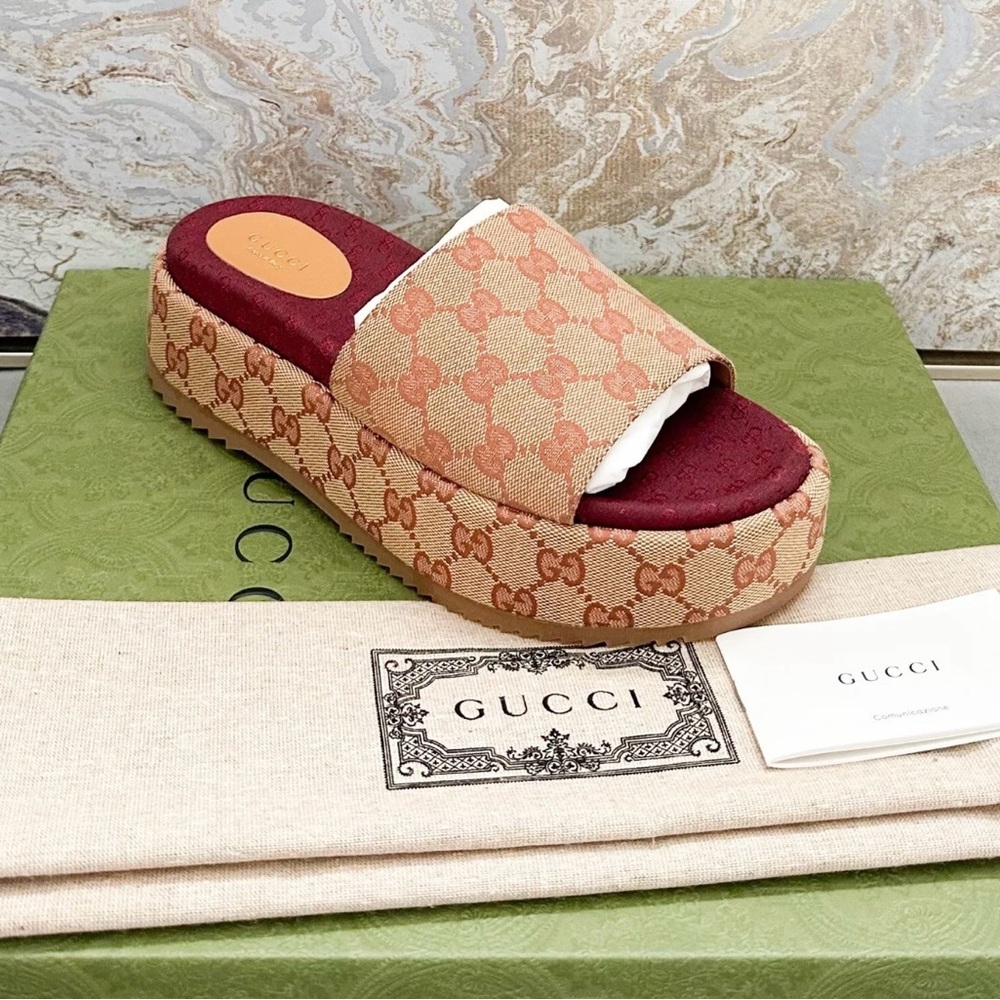Gucci Canvas GG Monogram Angelina Platform Slide Sandals